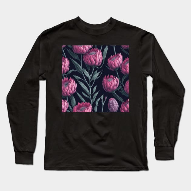 Protea Flower Seamless Pattern | South Africa National Flower | National Sport Symbol | King Protea Long Sleeve T-Shirt by BraaiNinja